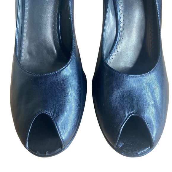 Franco Sarto High Heels Size 10 Black Leather Open Peep Toe Slip On Pumps - Picture 9 of 9